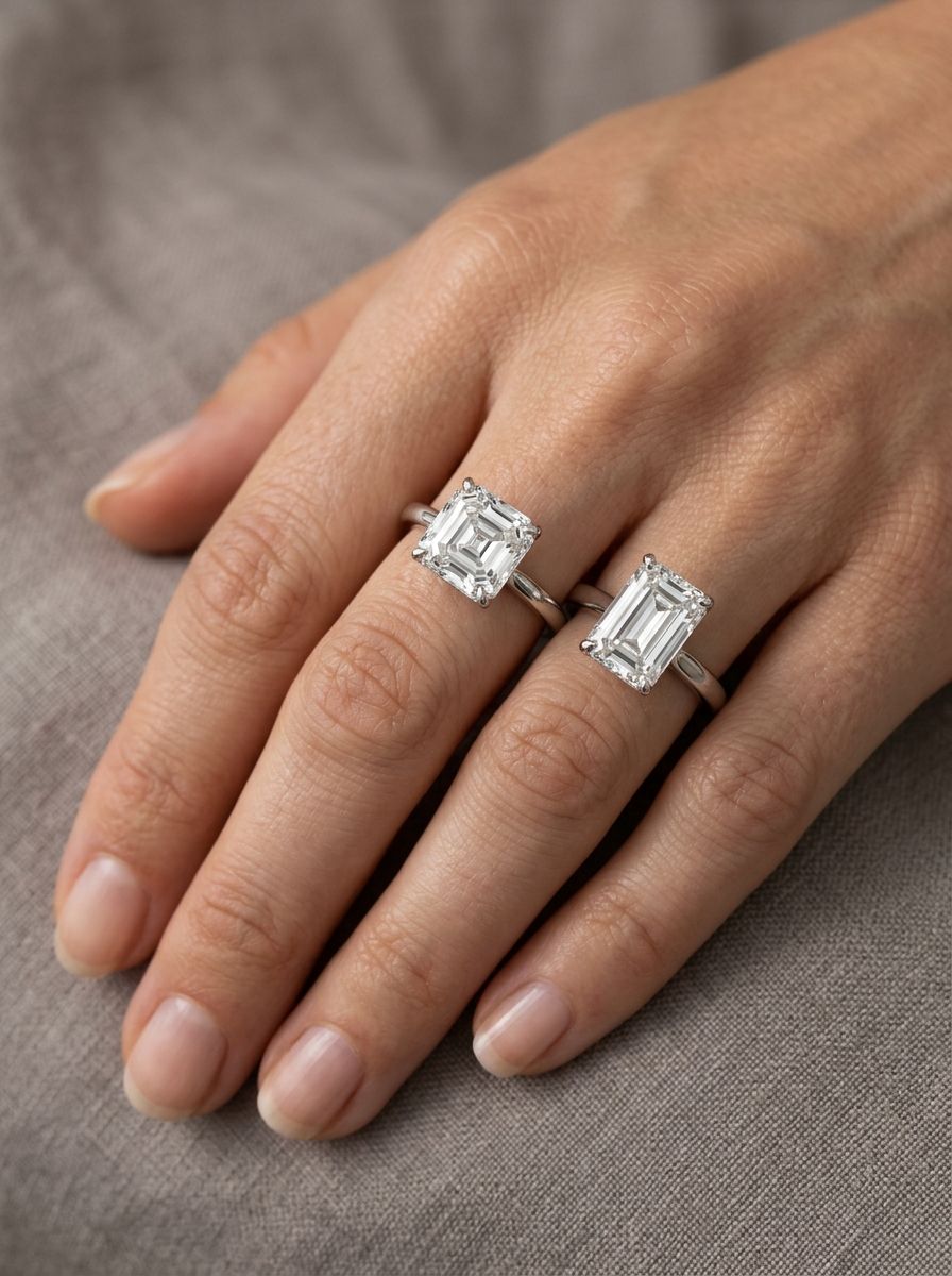 Asscher and emerald diamond on hand.