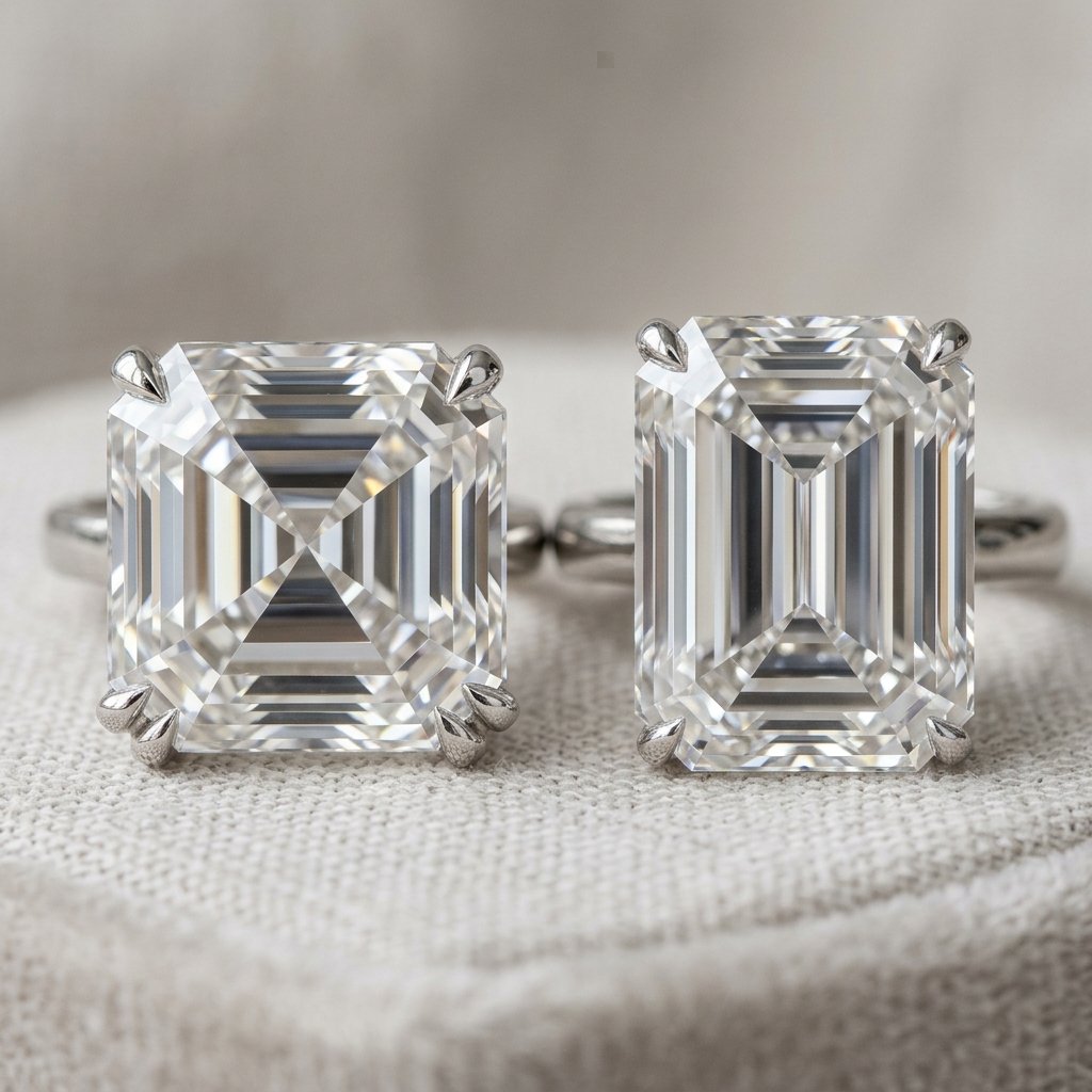 Asscher and emerald sparkle detail.