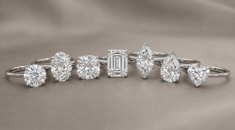 A row of solitaire rings in round, oval, emerald, pear and heart diamond shapes.