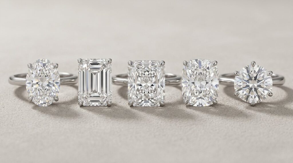 Oval, emerald, radiant, cushion and round diamond rings arranged in a row.