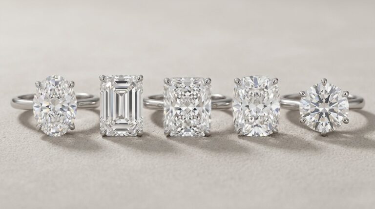 Oval, emerald, radiant, cushion and round diamond rings arranged in a row.