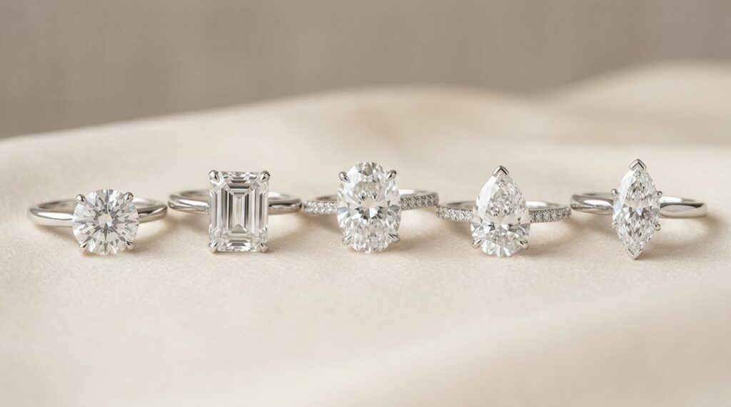 Round, emerald, oval, pear and marquise diamond rings lined up on soft fabric.