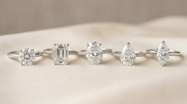 Round, emerald, oval, pear and marquise diamond rings lined up on soft fabric.