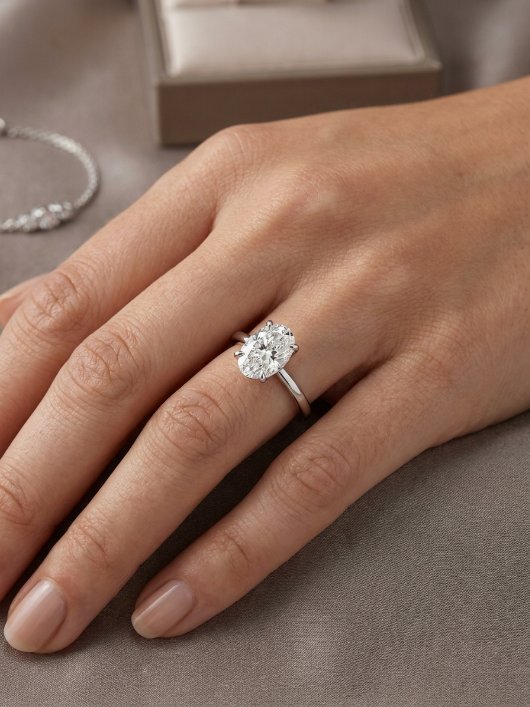Diamond ring on hand for short fingers.