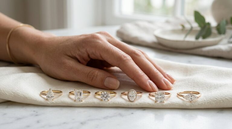 A hand resting beside a row of diamond rings in different shapes for size comparison.