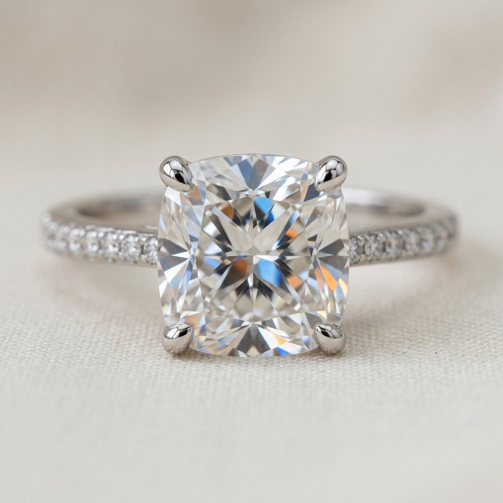 Close-up of cushion cut diamond showing soft corners.