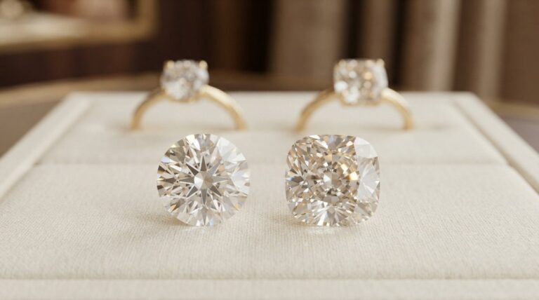 A round brilliant and a cushion cut diamond shown beside two diamond stud earrings.