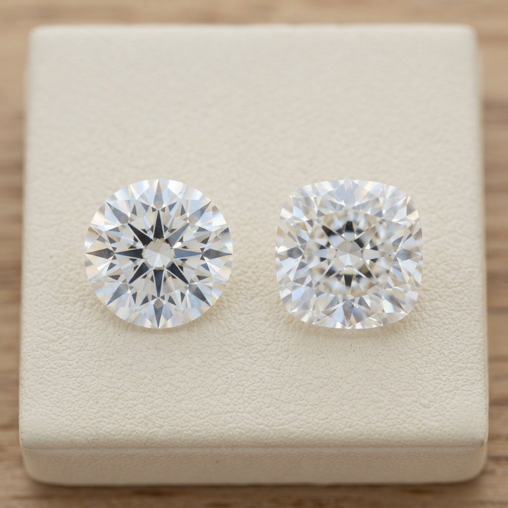 Comparison of cushion cut and round diamond shapes.