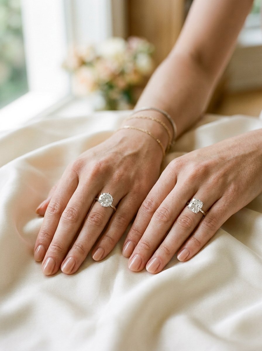 Cushion cut and round diamond compared on hand.