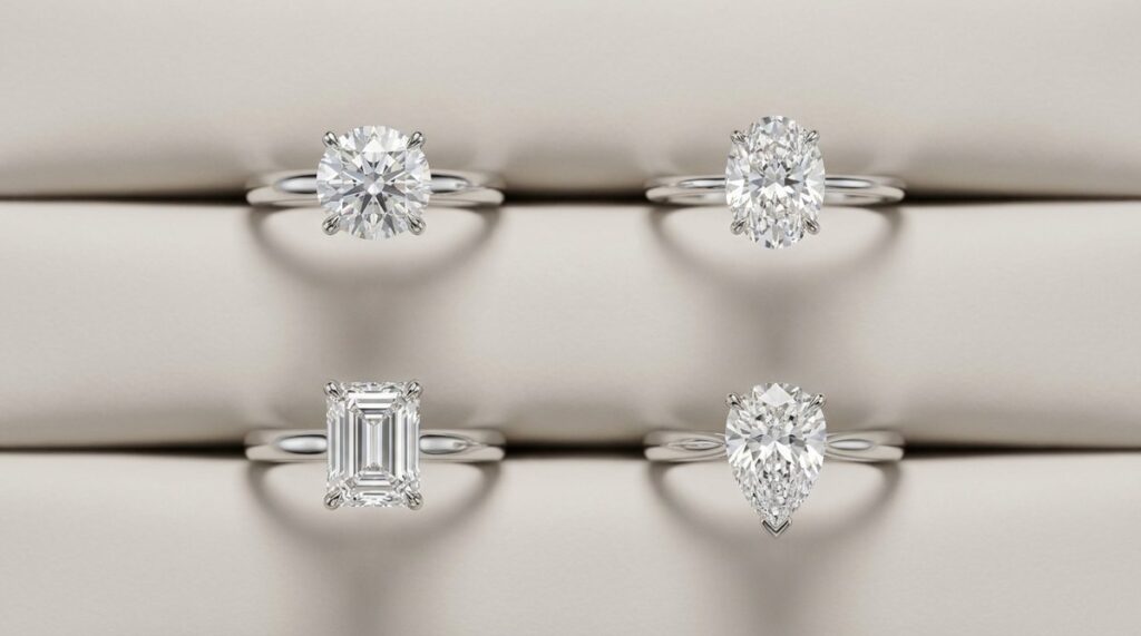 Round, oval, emerald and pear cut diamond rings arranged in a grid for size comparison.