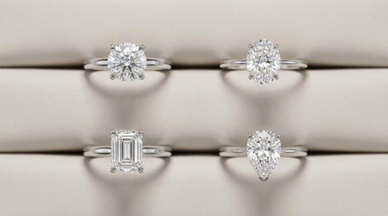 Round, oval, emerald and pear cut diamond rings arranged in a grid for size comparison.