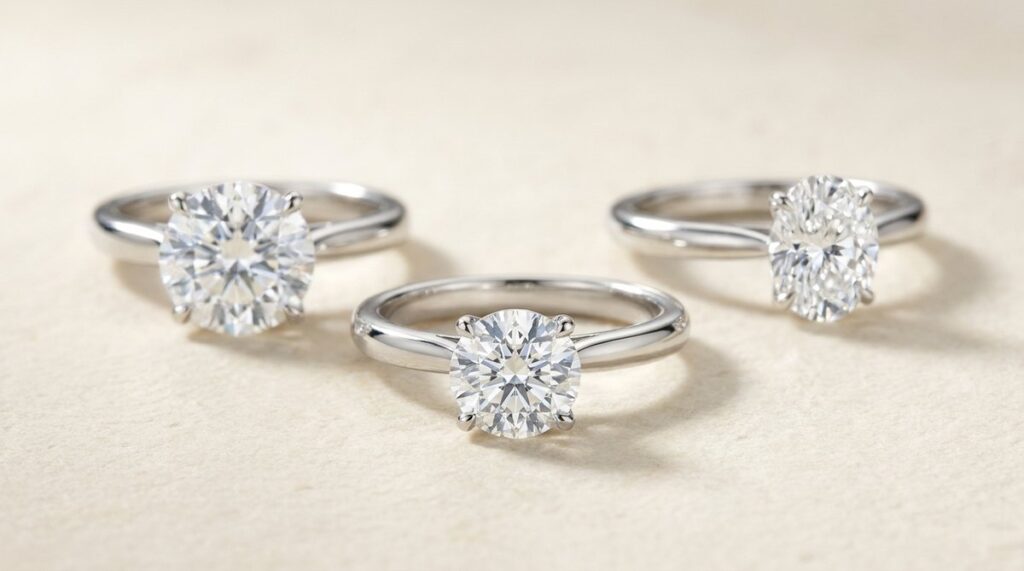 Three round brilliant solitaire rings in different carat weights on a neutral surface.