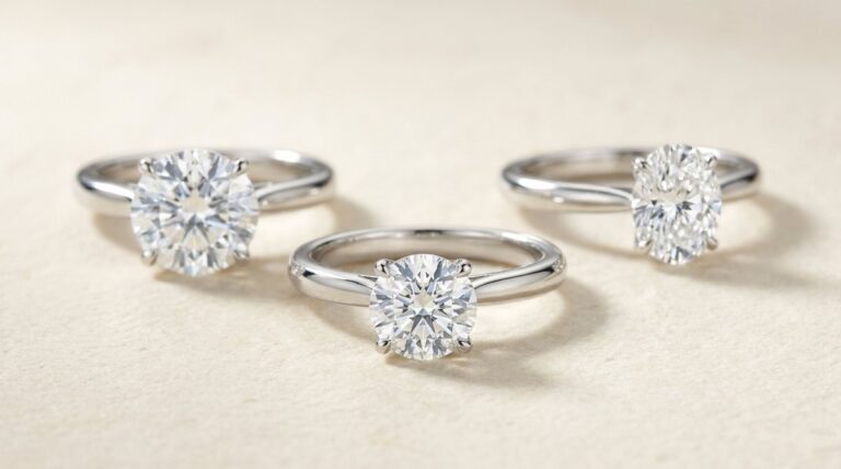 Three round brilliant solitaire rings in different carat weights on a neutral surface.
