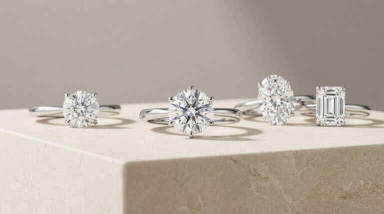 Diamond solitaire rings of different carat weights lined up along a stone block.