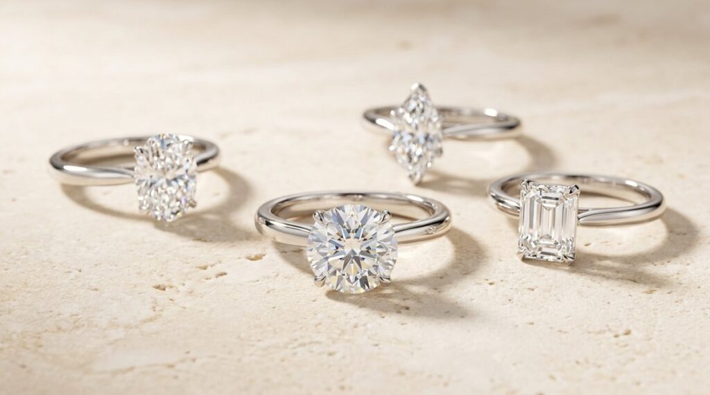 Four solitaire rings with oval, round, marquise and emerald cut diamonds on a stone surface.