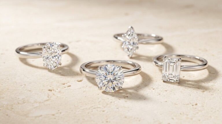 Four solitaire rings with oval, round, marquise and emerald cut diamonds on a stone surface.