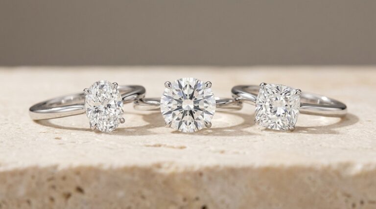 Oval, round and cushion cut diamond rings viewed face-up on a pale stone surface.