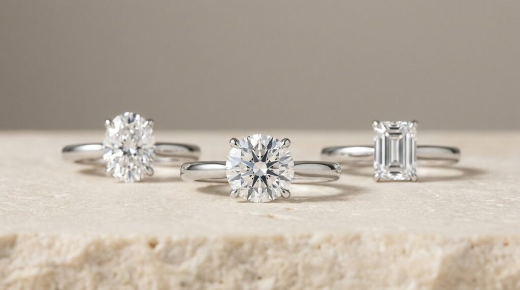 Oval, round and emerald cut diamond rings showing how carat weight differs from visible size.