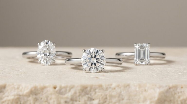 Oval, round and emerald cut diamond rings showing how carat weight differs from visible size.