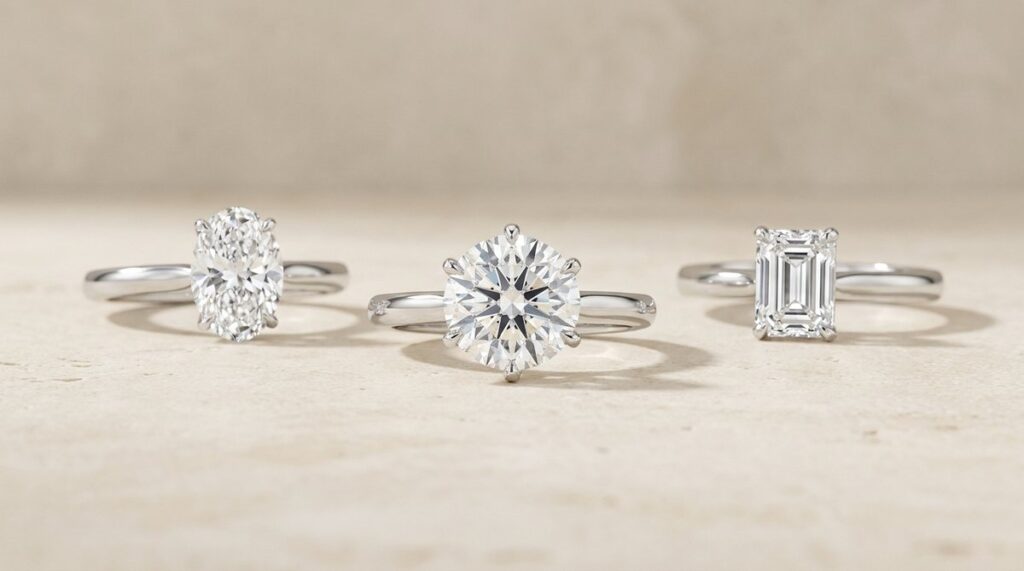 Oval, round and emerald cut solitaire engagement rings compared side by side.