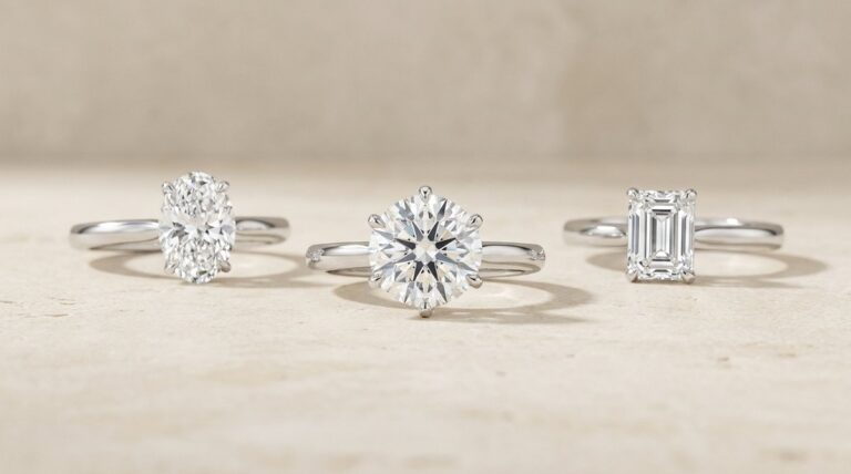 Oval, round and emerald cut solitaire engagement rings compared side by side.