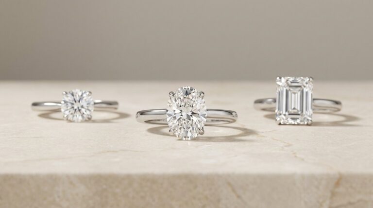 Three solitaire engagement rings with oval and emerald cut diamonds on a stone ledge.