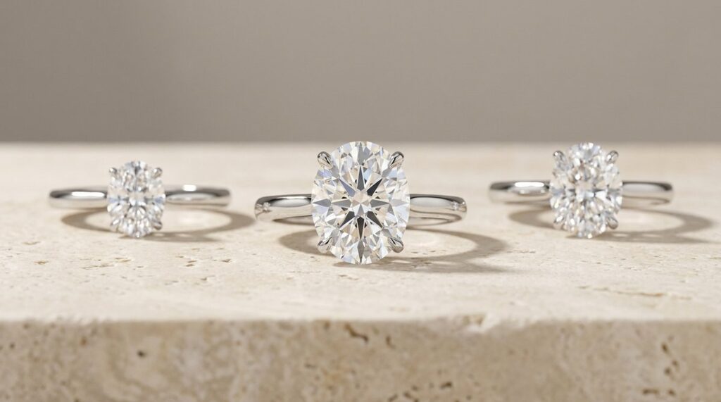 Three oval diamond solitaire rings in increasing carat sizes on a stone ledge.
