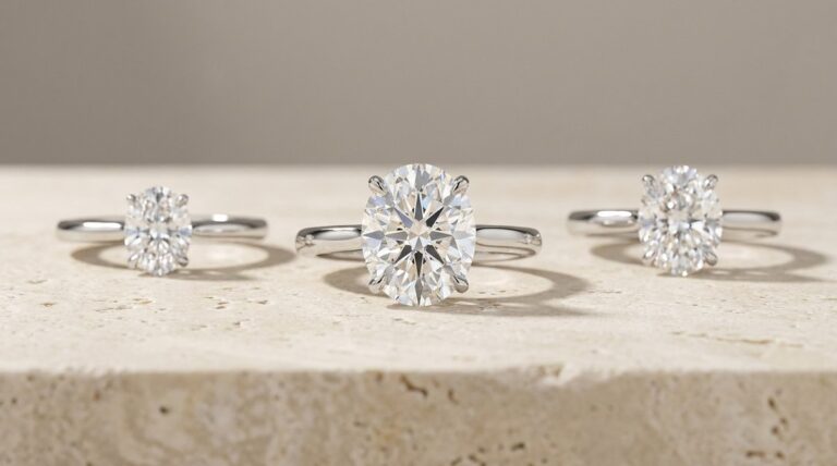 Three oval diamond solitaire rings in increasing carat sizes on a stone ledge.