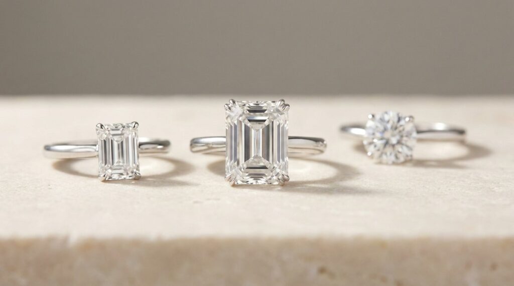 Three emerald cut diamond solitaire rings in increasing carat sizes on a stone ledge.