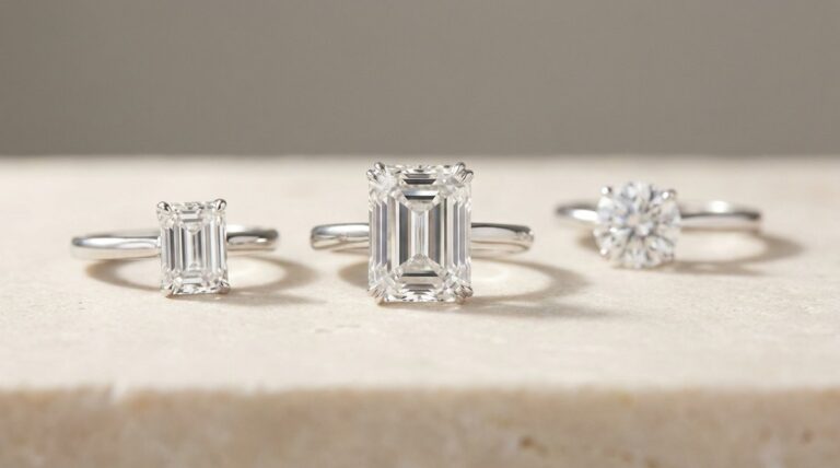 Three emerald cut diamond solitaire rings in increasing carat sizes on a stone ledge.