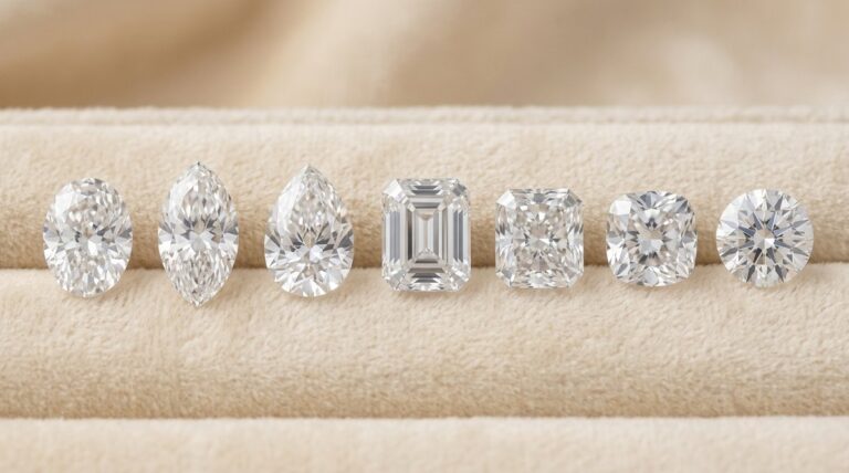 Seven loose diamonds in different shapes lined up on a fabric display tray.