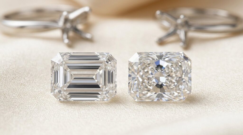 An emerald cut and a radiant cut diamond beside two empty ring settings.