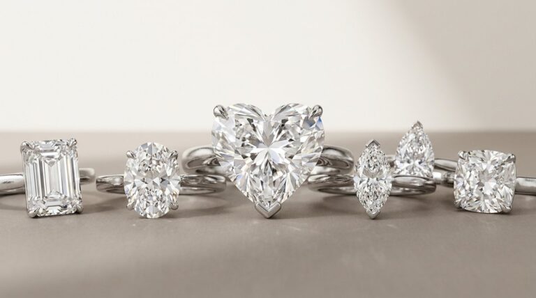 A heart shaped diamond ring at the centre of a row of rings in other diamond shapes.
