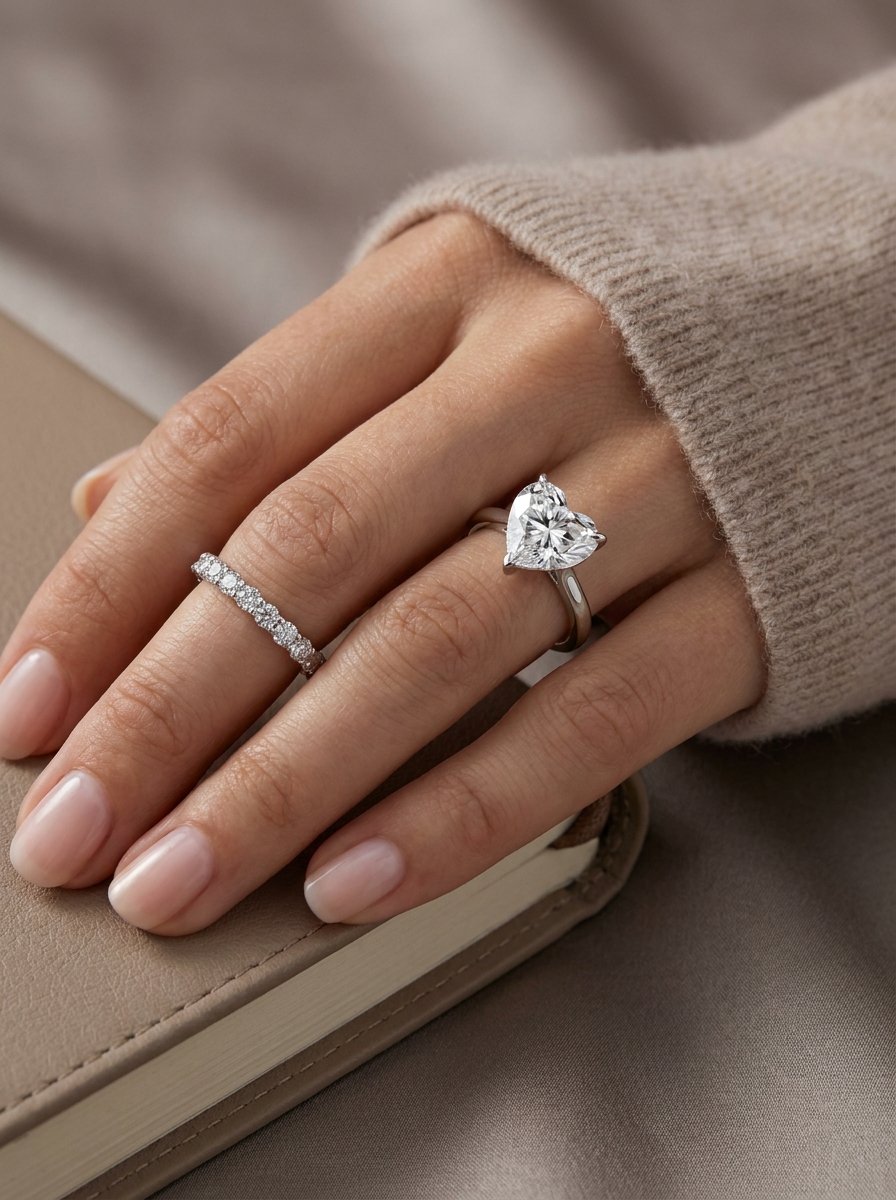 Heart shaped diamond on hand.