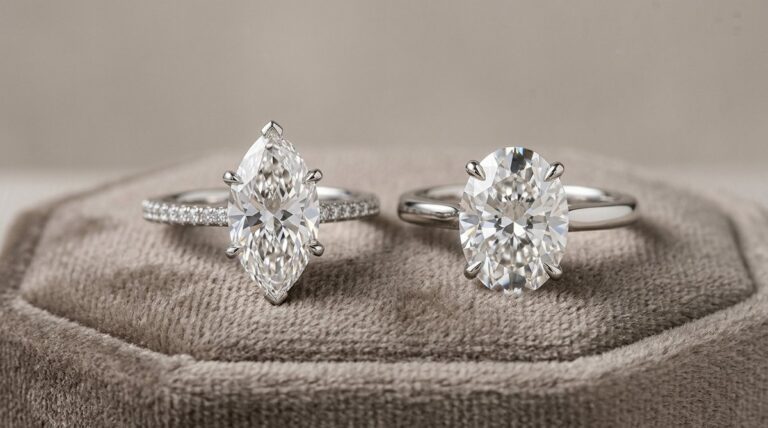 A marquise cut and an oval cut diamond ring resting on a velvet cushion.