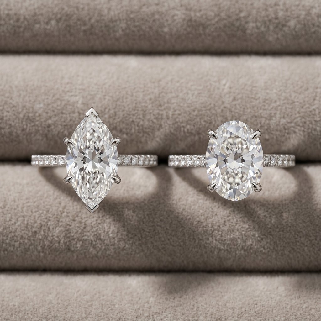 Visual comparison of marquise and oval diamonds.