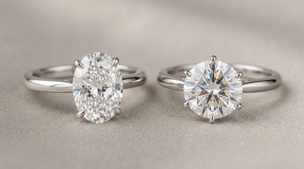 An oval solitaire ring and a round brilliant solitaire ring side by side.