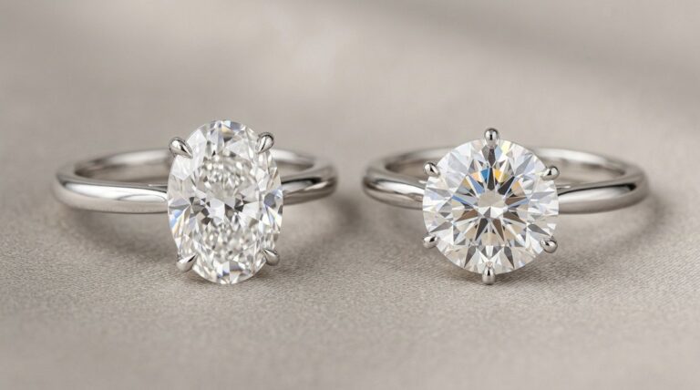 An oval solitaire ring and a round brilliant solitaire ring side by side.