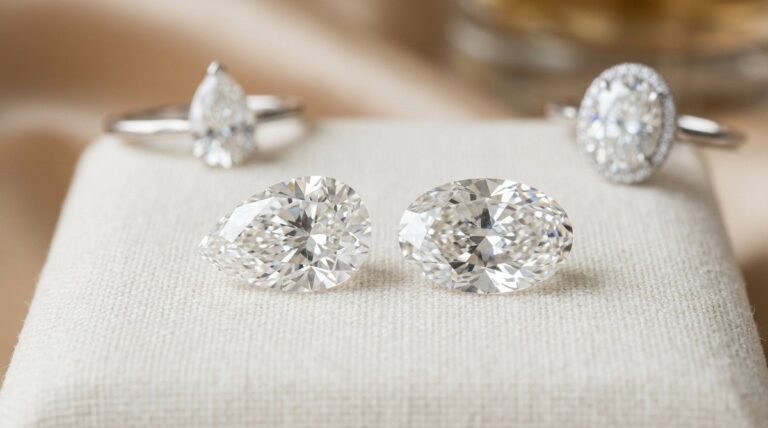 A pear cut and an oval cut diamond ring with loose diamonds on a fabric cushion.