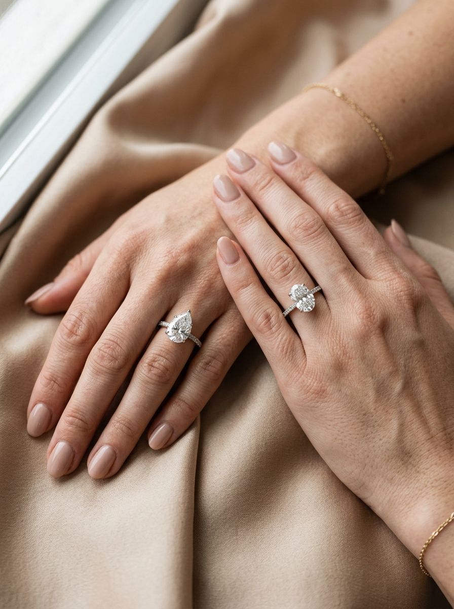 Pear and oval diamond compared on hand.