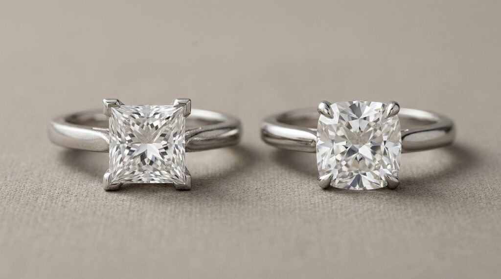 A princess cut and a cushion cut diamond ring side by side on a velvet surface.