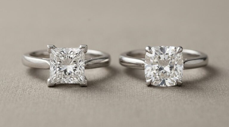 A princess cut and a cushion cut diamond ring side by side on a velvet surface.