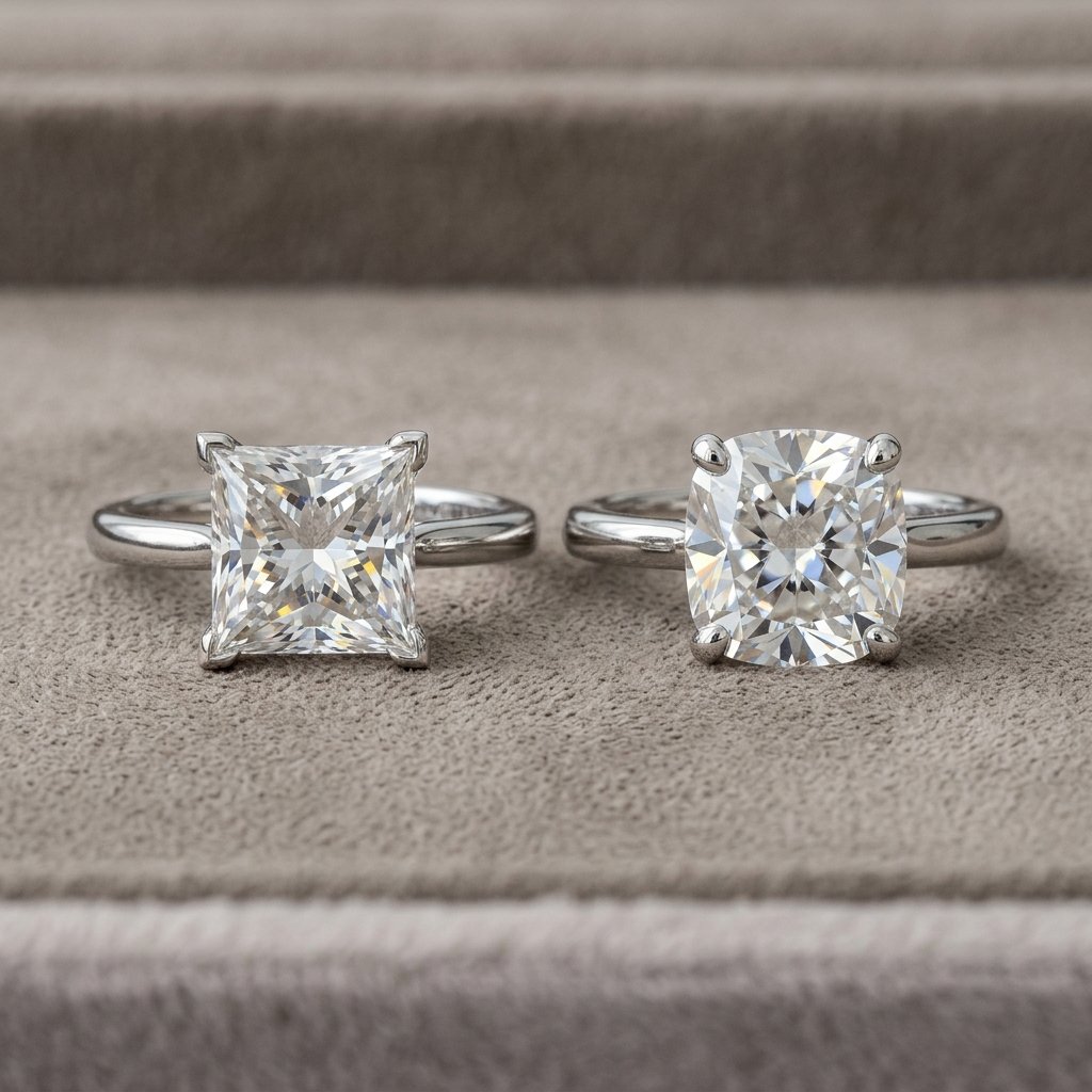 Visual comparison of princess and cushion cut diamonds.