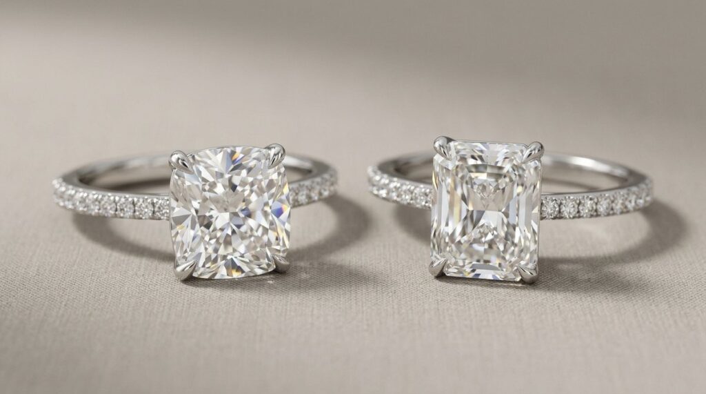 A cushion cut and a radiant cut diamond ring side by side with pavé set bands.