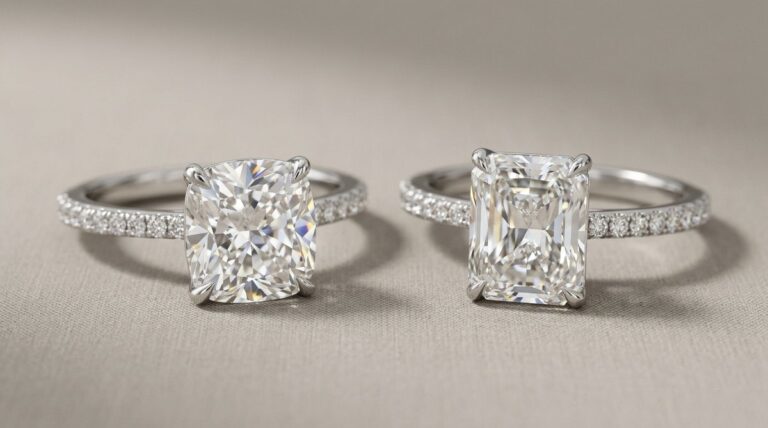 A cushion cut and a radiant cut diamond ring side by side with pavé set bands.