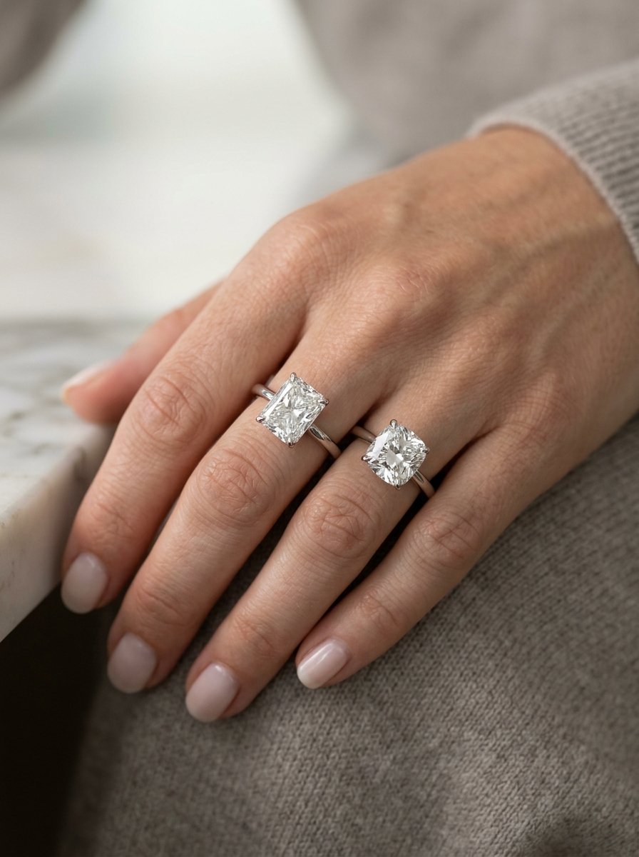 Radiant and cushion ring on hand.