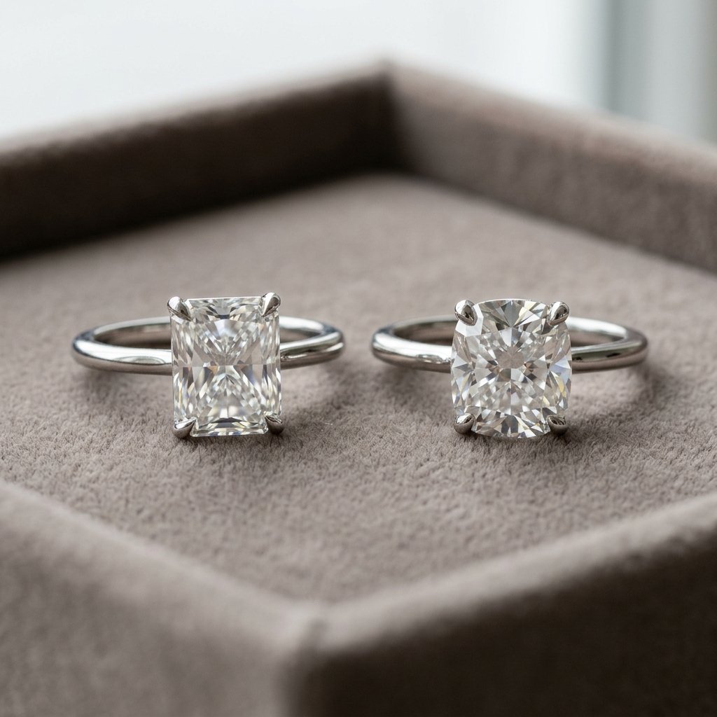 Visual comparison of radiant and cushion cuts.
