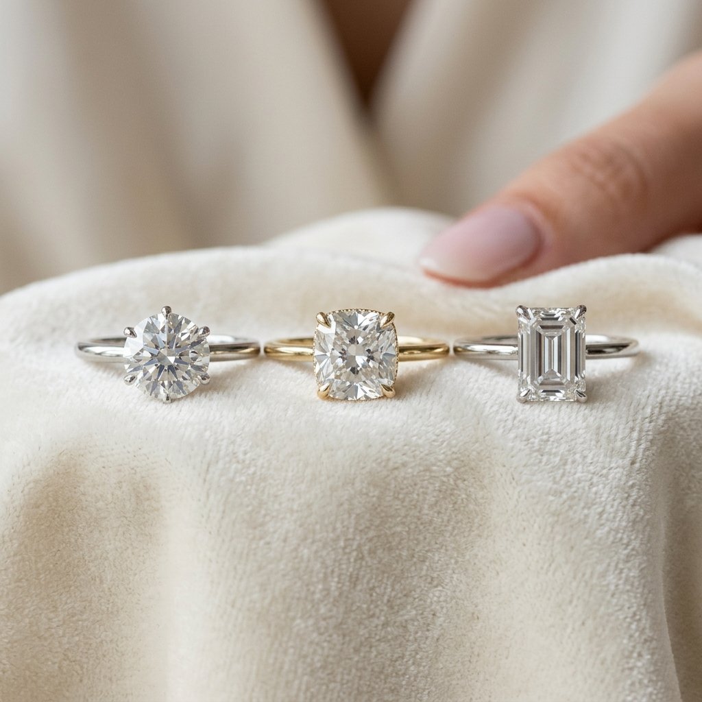 Round cushion and emerald diamonds on small hands.