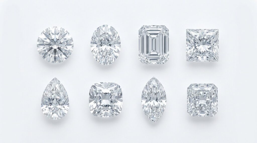 Eight lab grown diamond shapes arranged in a grid for comparison, including round, oval, emerald and pear cuts.