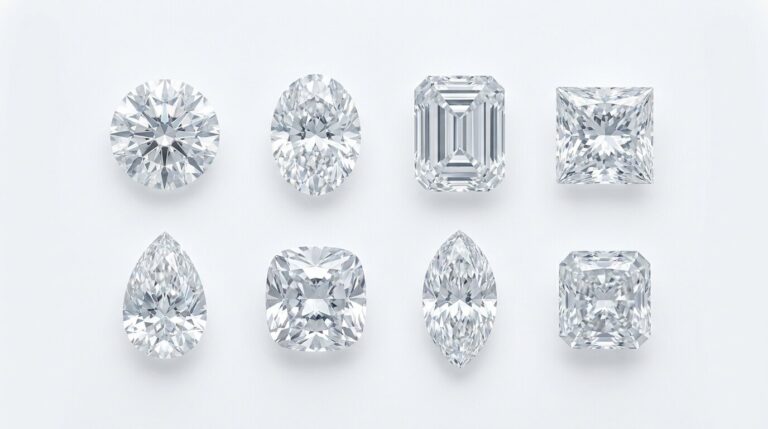 Eight lab grown diamond shapes arranged in a grid for comparison, including round, oval, emerald and pear cuts.